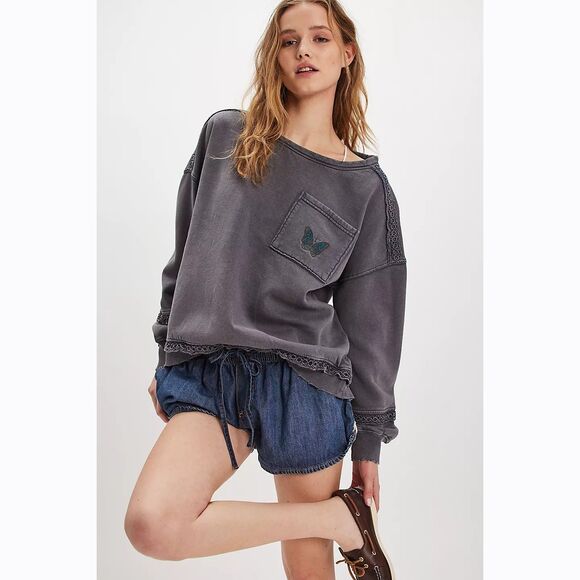 Free People Tops - Free People Golden Hour Sweatshirt Top Eyelet Embroidered Oversized L New 284124